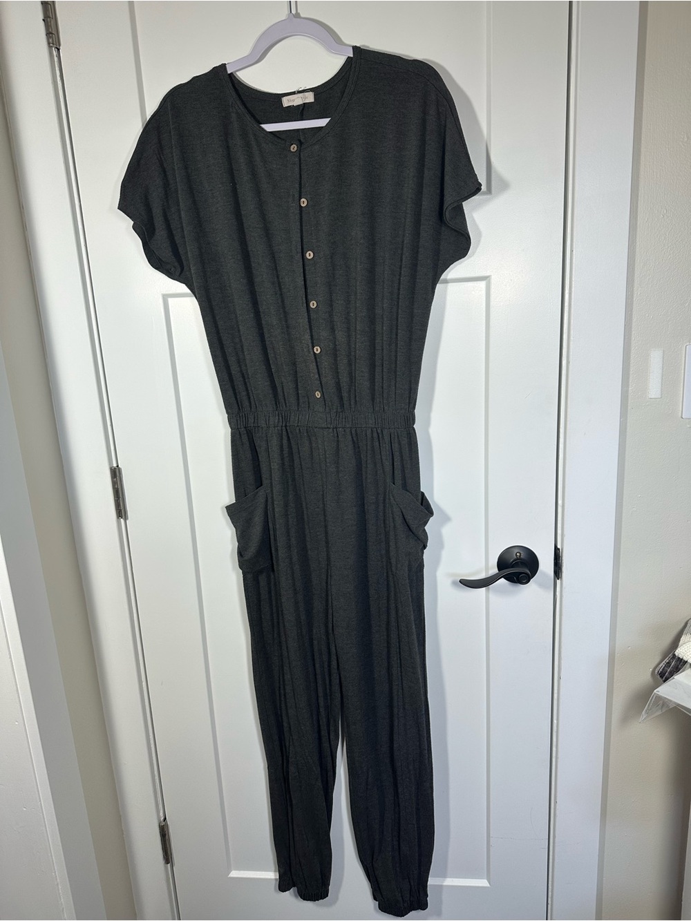 Shop Stevie Short-Sleeve Button-Front Jumpsuit in Charcoal